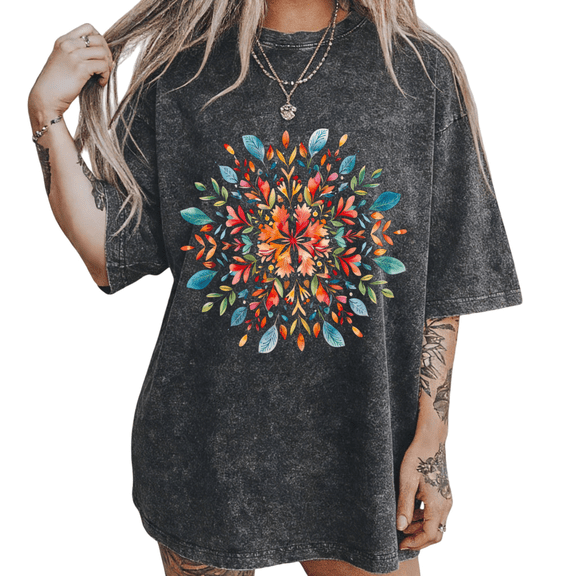 UNISHE Women's Watercolor Multicolor Leaf Mandala Floral Vintage Washed T-Shirt Short Sleeve Crewneck Oversized Relaxed Fit Boho S-2XL Top