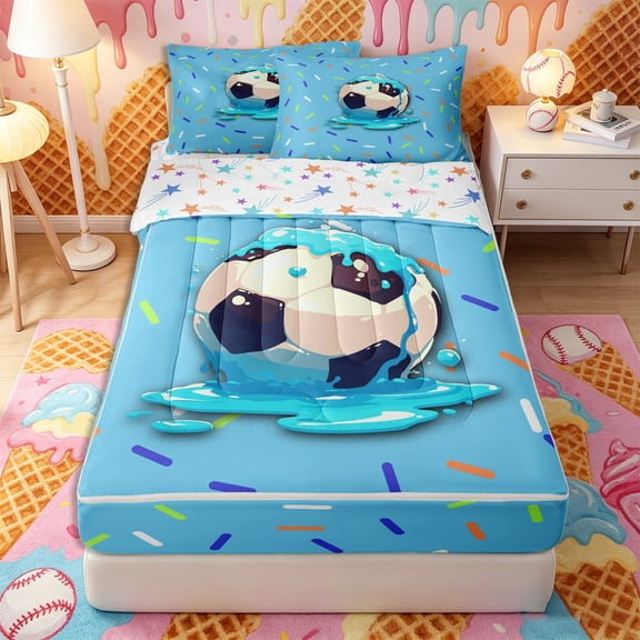 Castle Fairy Sport Soccer Zipper Twin Comforter Sets with Fitted Sheet and 2 Pillowcases, Blue Ice Cream Drip Zipper Bedding Set,4-Piece