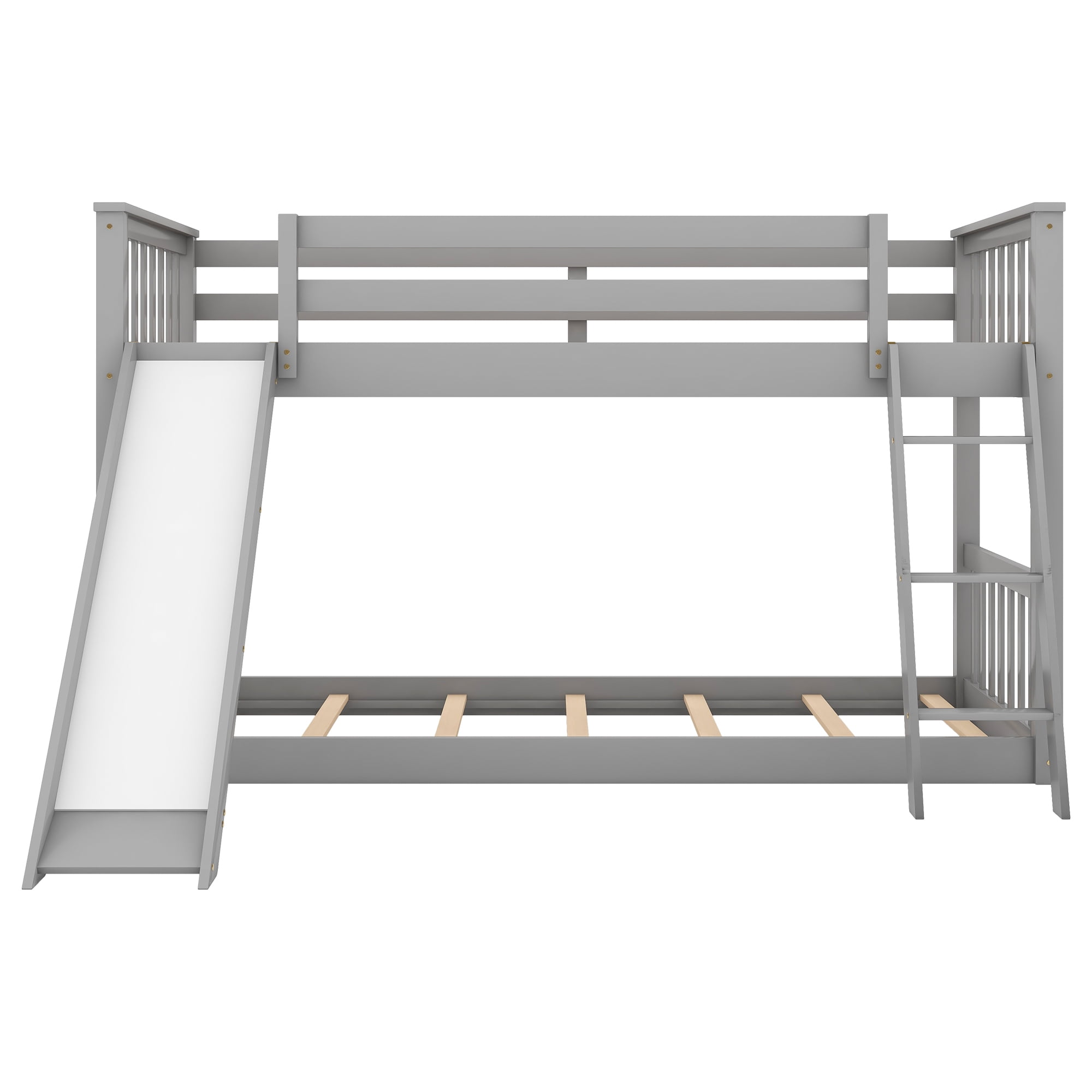 Euroco Twin over Twin Floor Bunk Bed with Slide and Ladder, Interchangeable Ladder and Slide for Kids Teens Adults, Gray