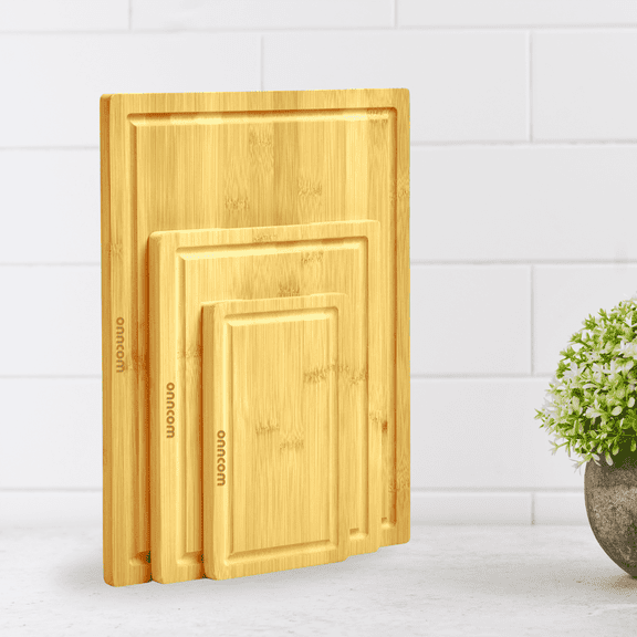 onncom Set of 3 Bamboo Wooden Cutting Boards for Kitchen Meal Prep & Serving- Kitchen Gadgets Gift