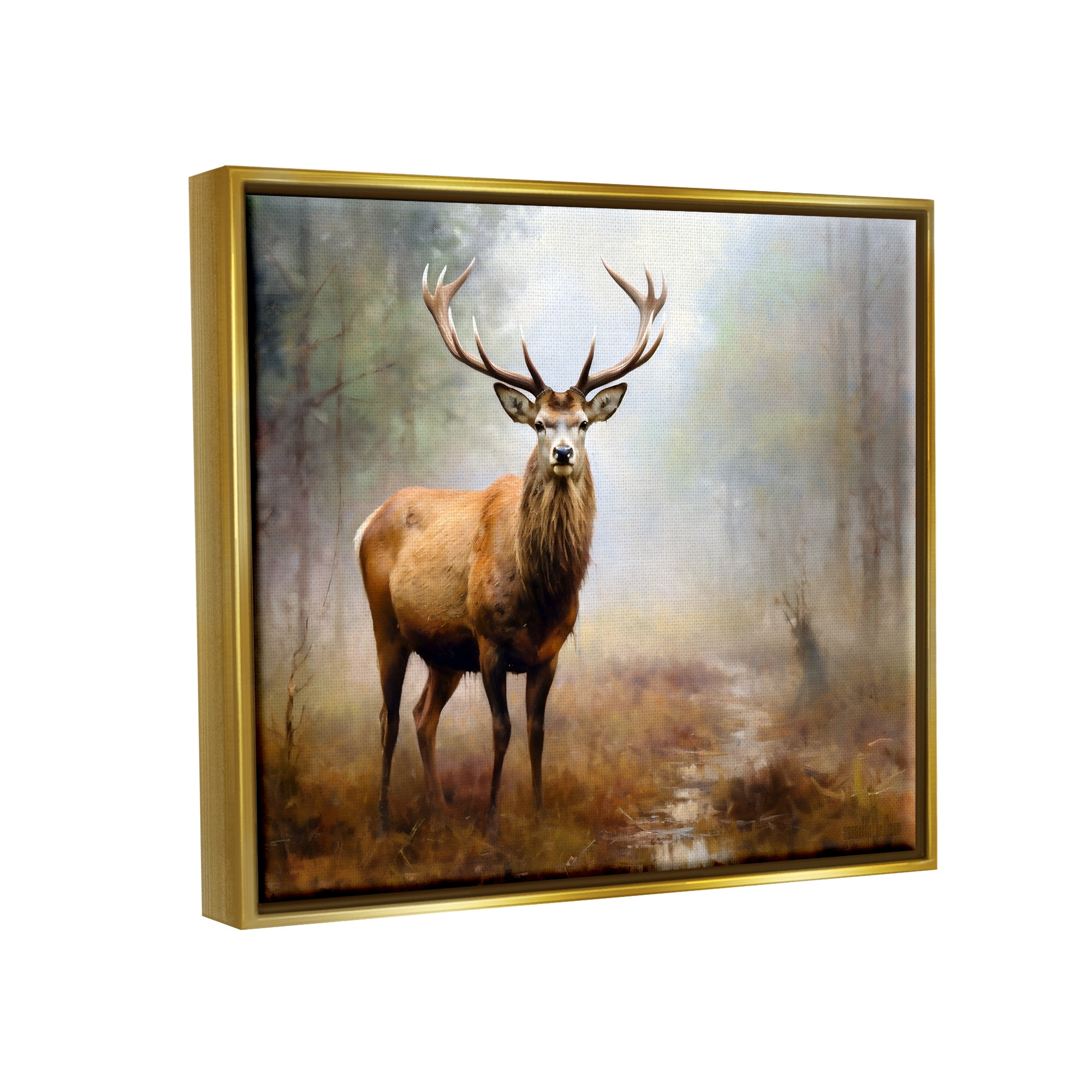 Stupell Industries Deer Woodland Trees Animals & Insects Painting Gold Floater Framed Canvas Art Print Wall Art, 21 x 17
