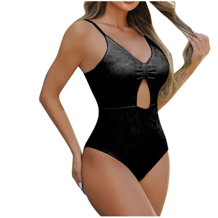 sovlvnd Clearance under 10 Women Solid Color Sexy Backless Strap Bikini One-Piece Swimsuit Black  L