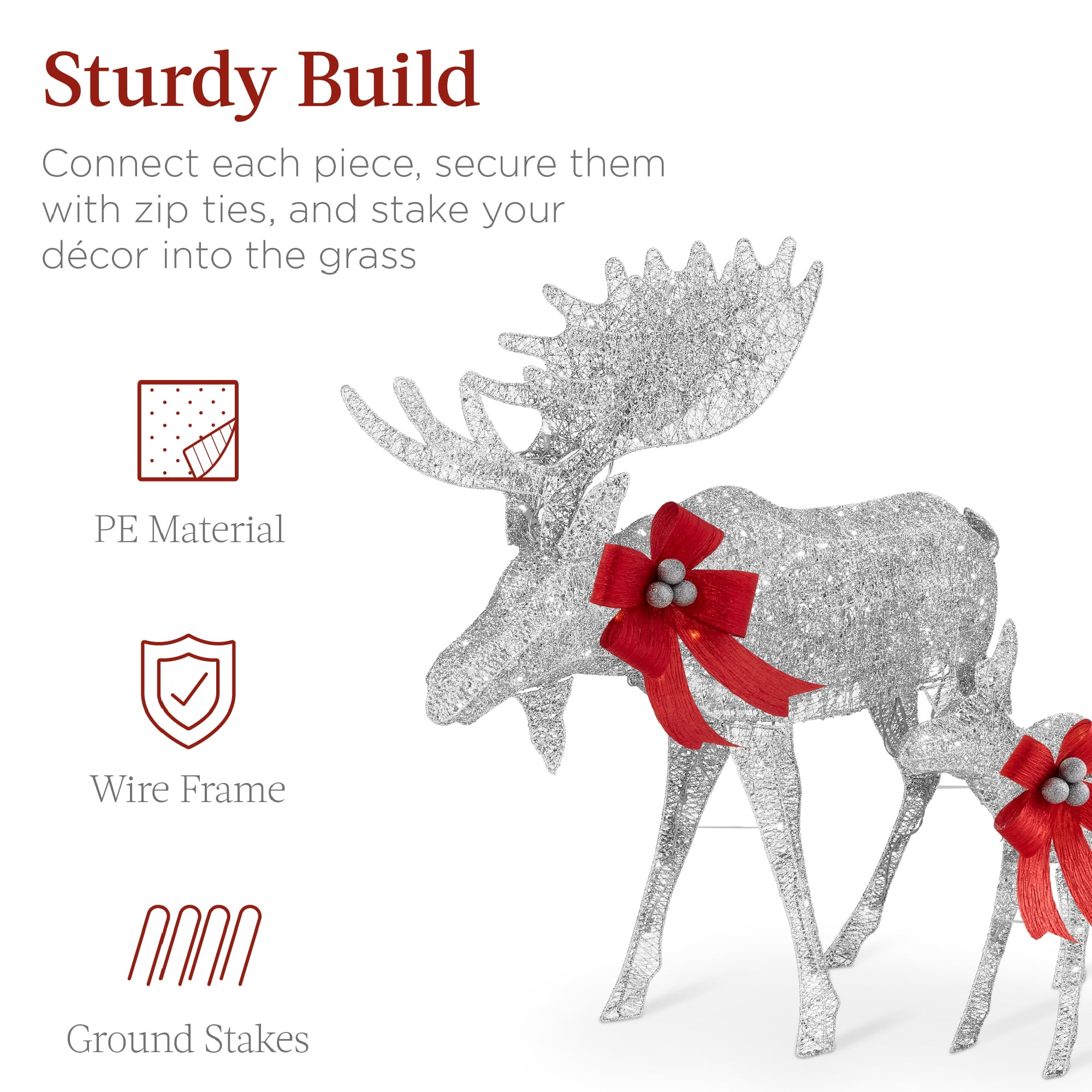 Best Choice Products 2-Piece Moose Family Lighted Christmas Yard Decor Set w/ 170 LED Lights, Stakes, Zip Ties - Silver