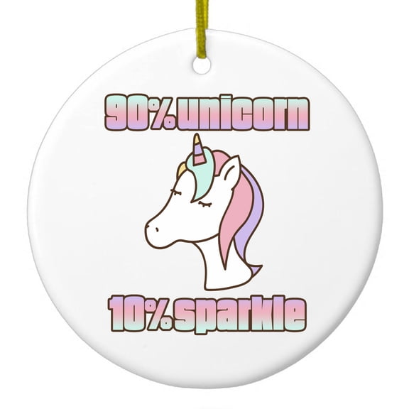 DistinctInk Hanging Ceramic Christmass Tree Ornament with Gold String - Great Gift / Present - 2 3/4 inch diameter - 90% Unicorn 10% Sparkle