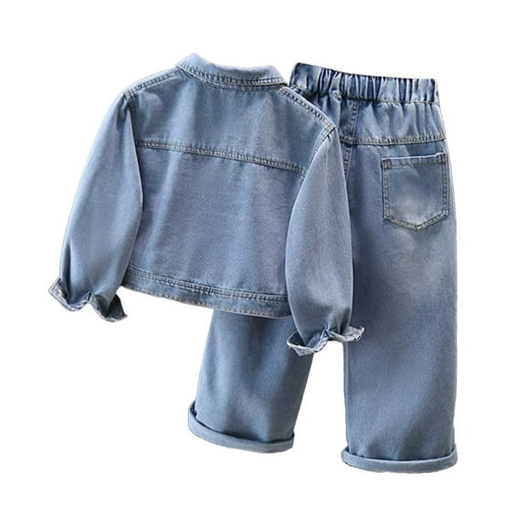 RUTAYY Children Girls Outfit Denim Sets Fall Lapel Buttons Printed Letters Coat Elastic Waist Trousers Stylish Outfit 2-Pack 3-13 Years Trendy Clothes