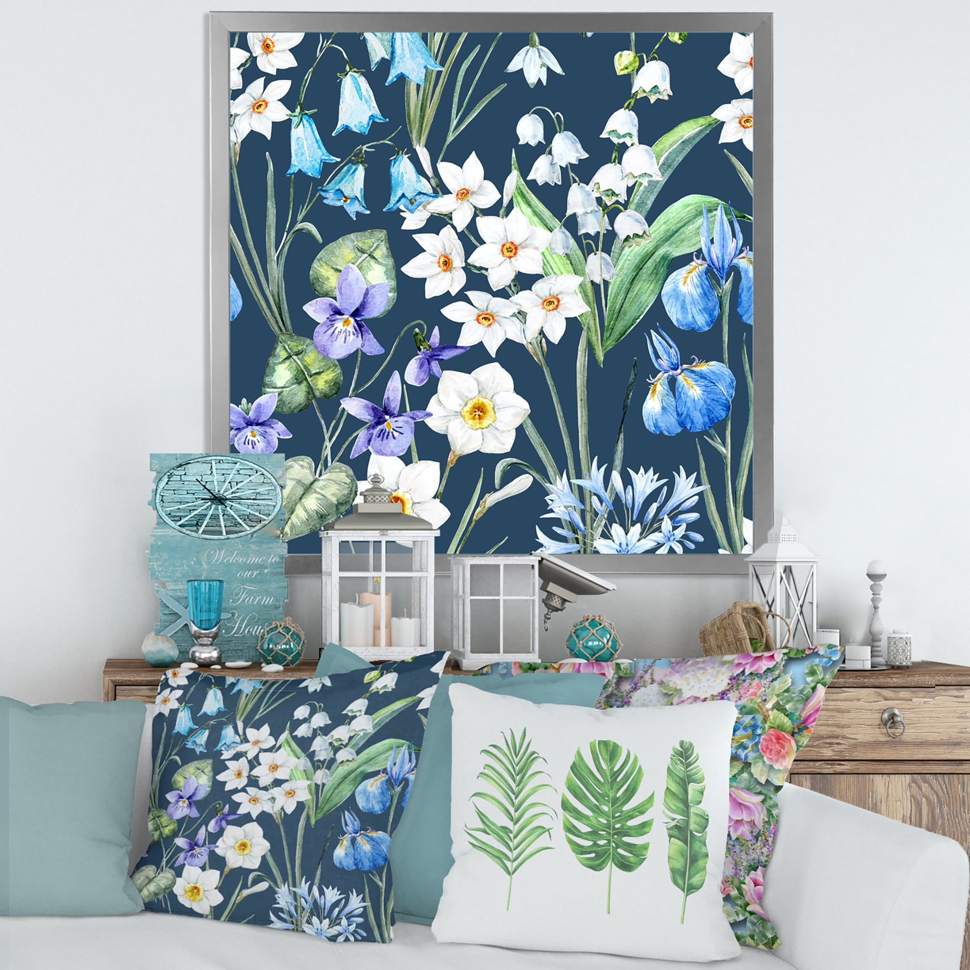 Blue and White Spring Flowers On Dark Blue 36 in x 36 in Framed Painting Canvas Art Print, by Designart
