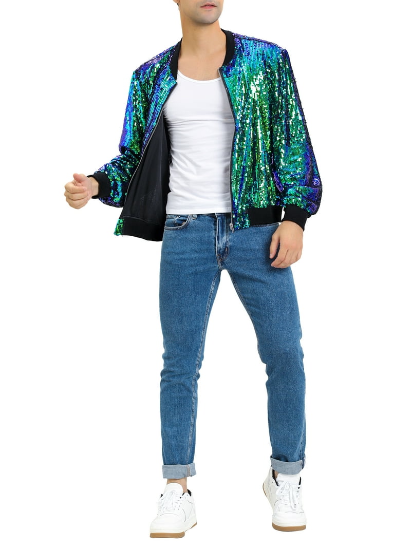 INSPIRE CHIC Men's Long Sleeve Zipper Glitter Bomber Jacket