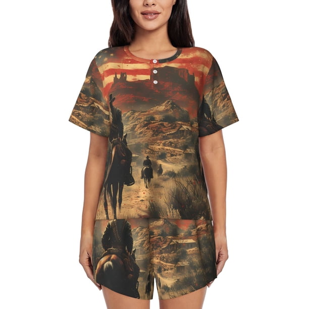 Fotbe 1860s Style American Cowboy Conjunto de Pijama Estampado para Mujer, 2 Piezas, Ropa de Dormir con Camiseta de Manga Corta y Shorts Suaves-Large