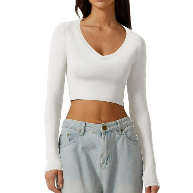 MHFRRA Hauts à Manches Longues pour Femmes Mode Haut Court Uni Col en V Extensible Haut de Sport TG
