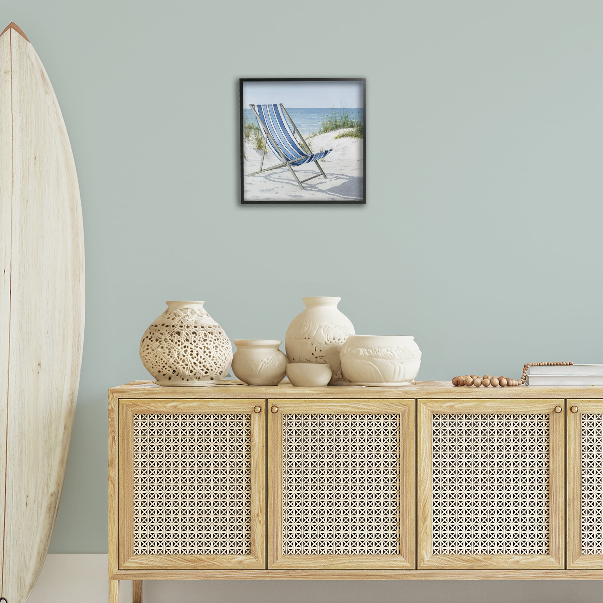 Stupell Industries Tranquil Beach Chair Landscape Painting Black Framed Art Print Wall Art, 17 x 17