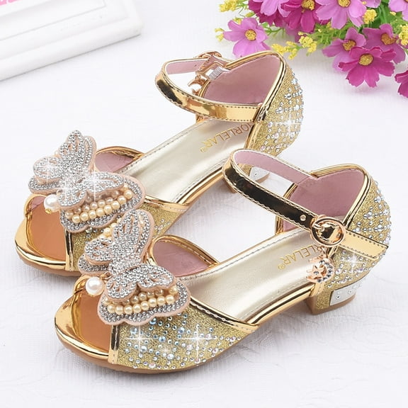 UTTOASFAY Toddler Shoes Toddler Kids Girls Shoes Pearl Butterfly-Knot Crystal Single Princess Shoes Sandals Gold 5-5.5Years