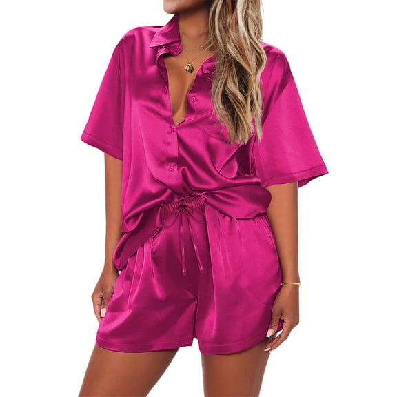Ekouaer Pajamas Shorts for Women Silk Sleepwear Short Sleeve Pjs Shorts Set Soft Nightwear 2 Piece Lounge Set