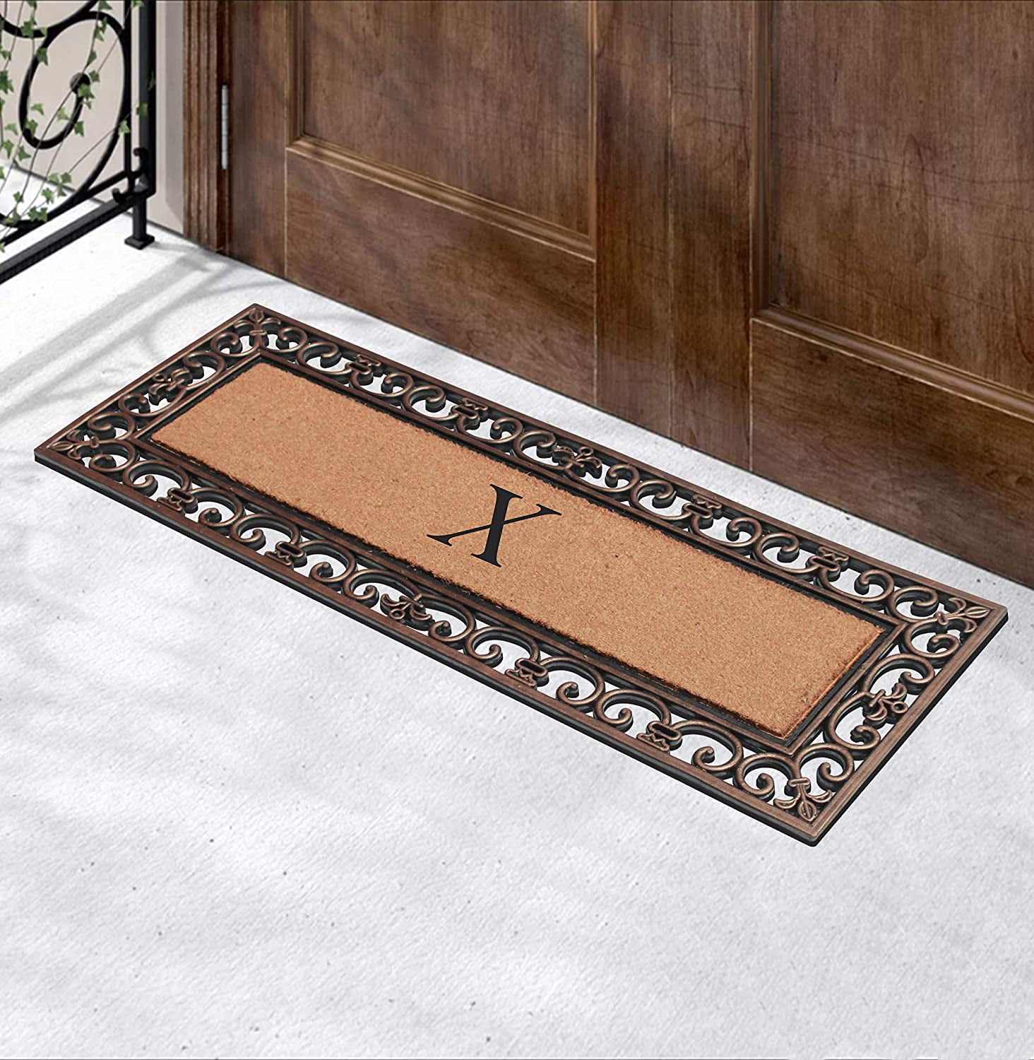 A1HC Rubber and Coir Paisley Border Myla Double Door Monogrammed E Doormat 17.71"X47.25", Bronze
