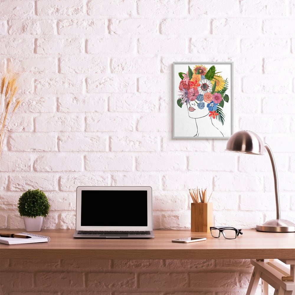 Stupell Industries Female Sketch Portrait Lips Multi-color Floral Arrangement Framed Wall Art Design by Annie Warren, 16" x 20", Gray Framed