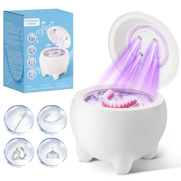 Ultrasonic Retainer Cleaner, 45kHz Ultrasonic Retainer Cleaner Machine Dental Pod, Denture Cleaner for Aligners, Dentures, Night Guards, Jewelry & Rings, Low Noise Compact Cleaner, White