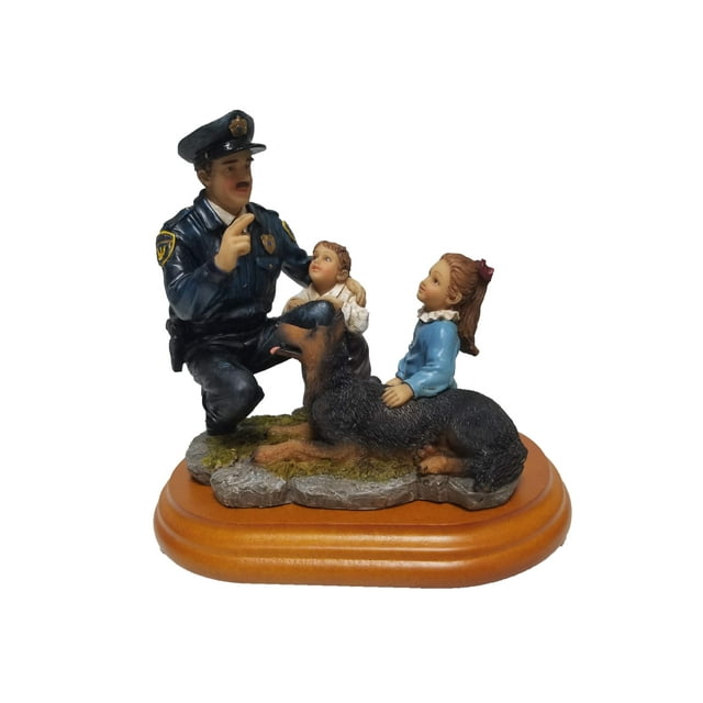 Policeman with Child Statue A Salute to America's Professional Police Ceramic Figure. This decorative figurine features a policeman kneeling beside two children and a dog, symbolizing community and guidance. Made from premium ceramic materials, it is mounted on a wooden-style base and includes a certificate of authenticity. Ideal for home décor or as a collectible piece.