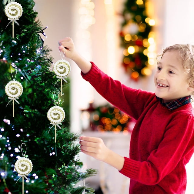 Adornos para árbol de Navidad | Colgantes de piruleta | Decoraciones navideñas de espuma con rayas de lentejuelas y lazo | Juego de 1 | Decoración festiva para el hogar