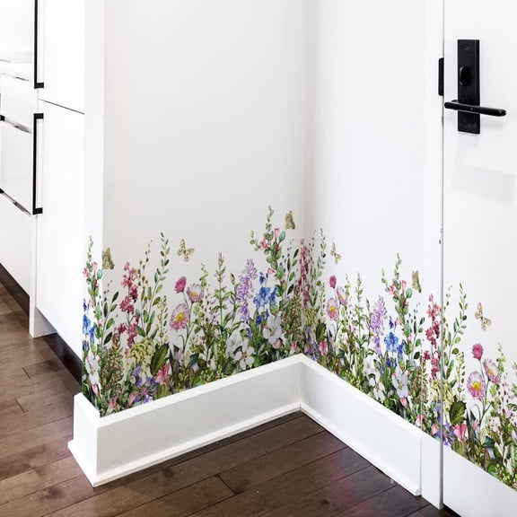 CCOCC Big Plant Grass Wall Corner Stickers Flowers with Butterflies Base Board Skirting Line Wall Decals for Bedroom Living Room Staircase Kitchen Wall Decals Removable