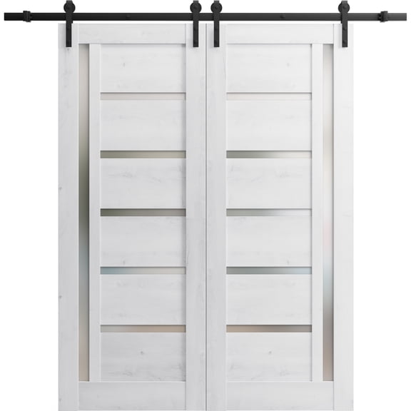 Sturdy Double Barn Door 60 x 80 inches | Quadro 4088 Nordic White with Frosted Glass | Stainless Steel 13FT Rail Hangers Heavy Set | Solid Panel Interior Doors