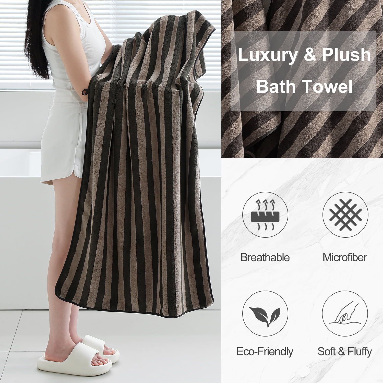 Smuge 12 Pcs Stripe Family Bath Towels Set - 4 Bath Sheet Towels, 4 Hand Towels, 4 Washcloths, Microfiber Soft Shower Towel for Bathroom Gym Spa(Dark Coffee)