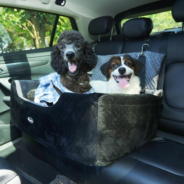 PALAMIL Dog Car Booster Seat for Large/Medium Dogs or 2 Small Dogs, Waterproof Elevated Pet Car Seat with Thick Cushion and Storage Pockets, Black/Grey