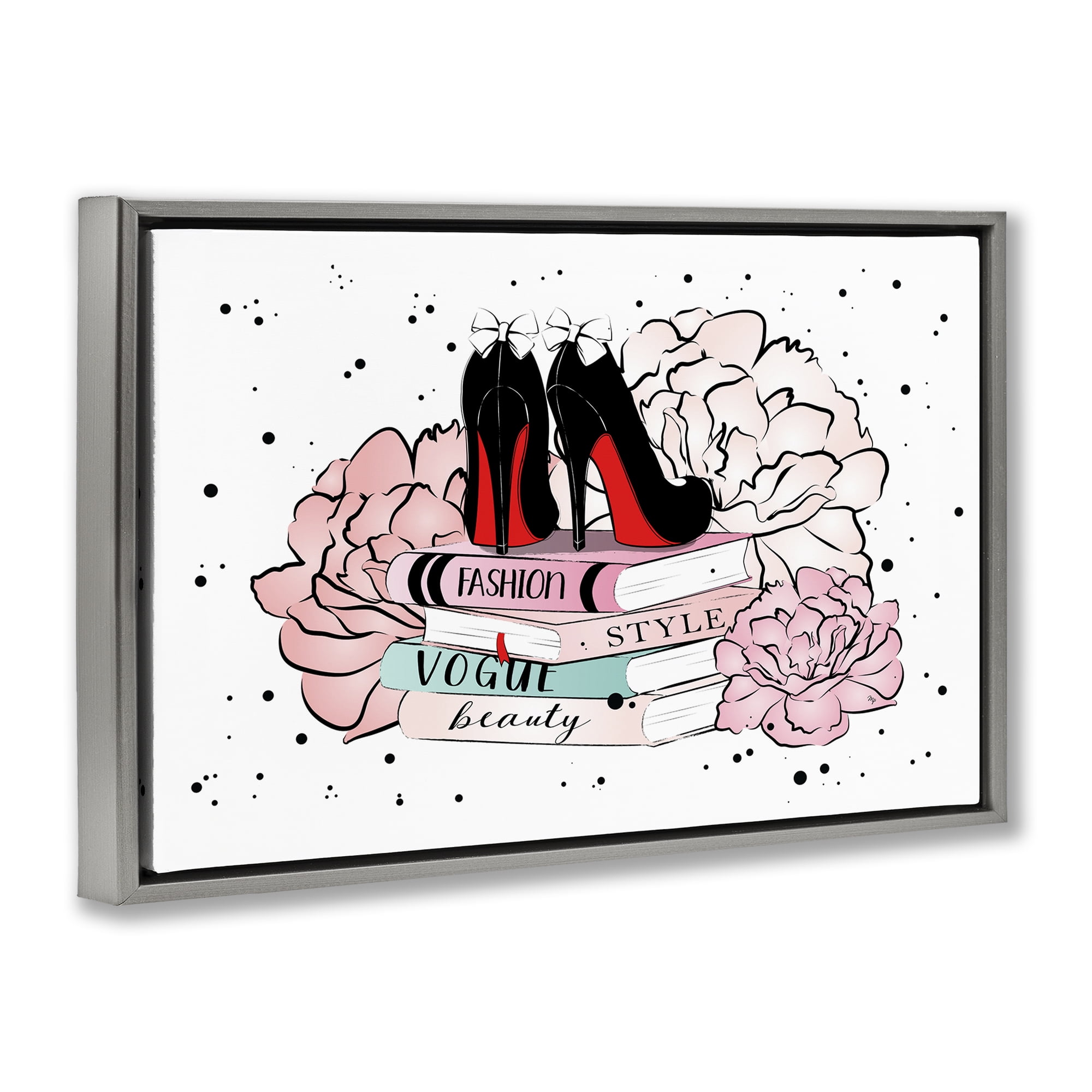 Stupell Industries Floral Fashion Books Fashion Painting Gray Floater Framed Canvas Art Print Wall Art, 31 x 21