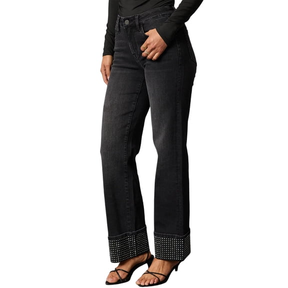 Women'S High Waisted Straight Leg Jeans Rhinestone Sparkle Stretch Trendy Streetwear Jeans Black S