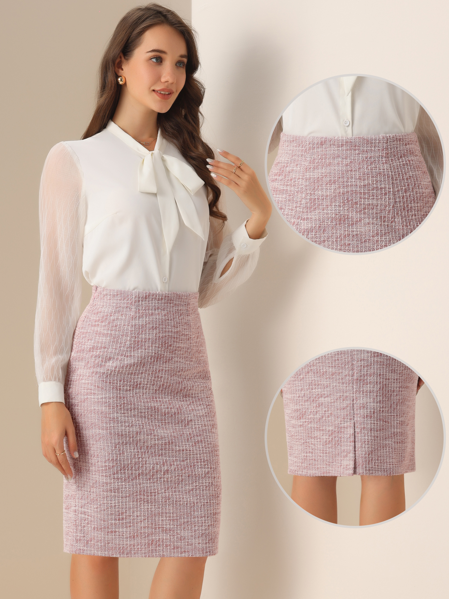 DARING DIVA Women's Tweed High Waist Plaid Pencil Skirts M Pink