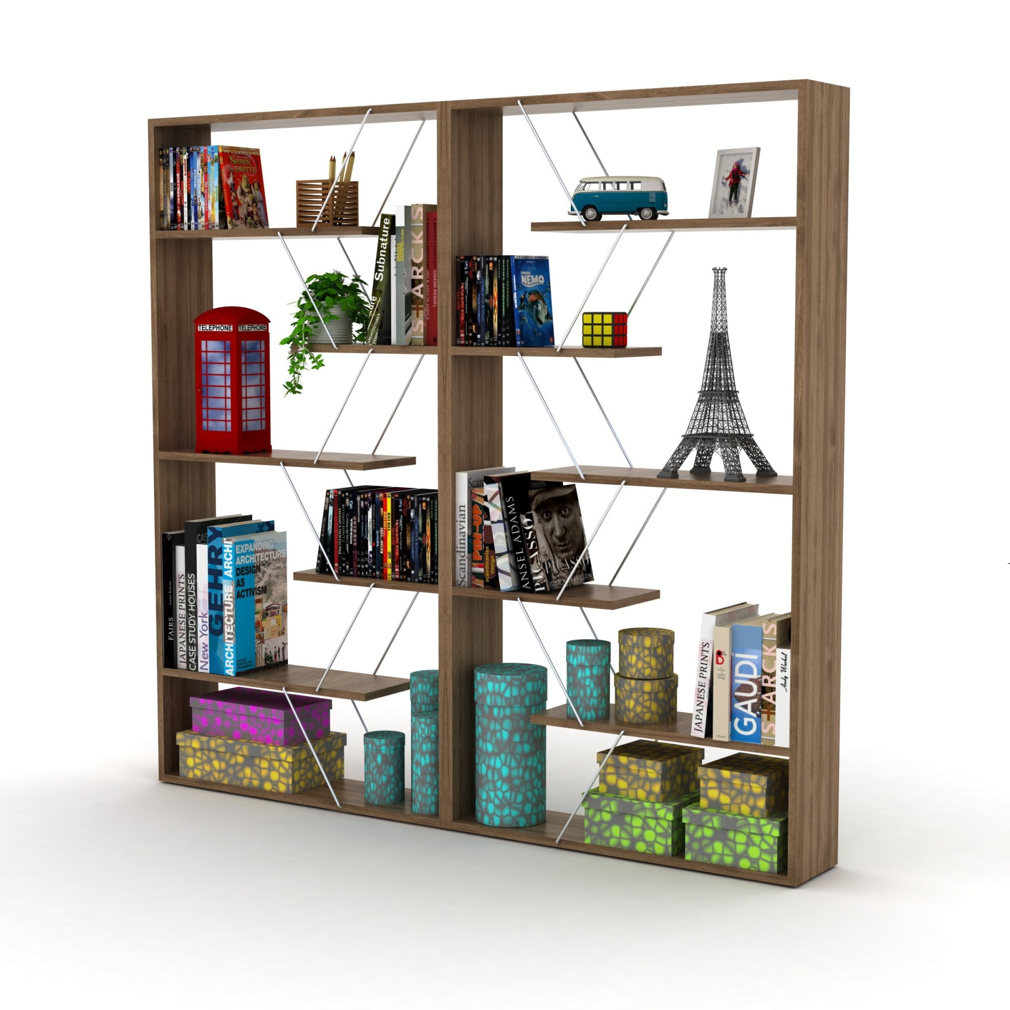 ZHAOXIXING Furniture Wood Frame Etagere Open Back 6-Shelf Bookcase, Walnut/Chrome