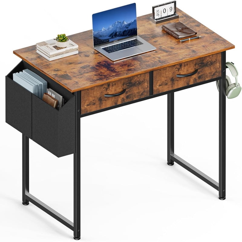 Kelno 32 Inch Computer Desk with 2 Fabric Drawer Storage Bag Iron Headphone Hook Vanity Writing Table, Rustic Brown