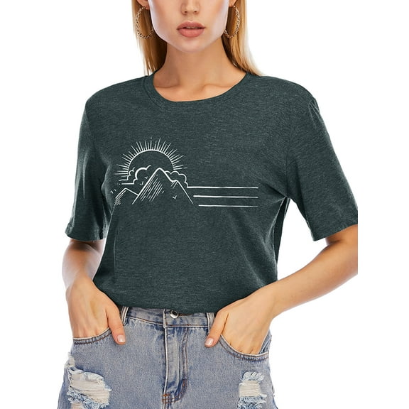 XCHQRTI Mountain Sunrise Sunset T-Shirts Hiking Shirt Women Camping Tee Short Sleeve Graphic Tops