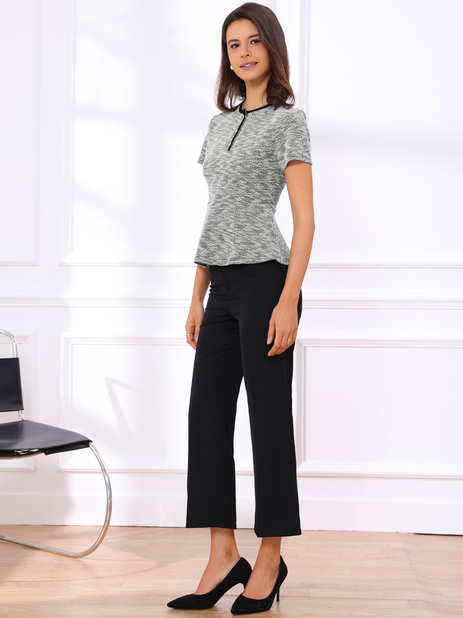 DARING DIVA Women's Elegant Plaid Crew Neck Short Sleeve Peplum Blouse L Black