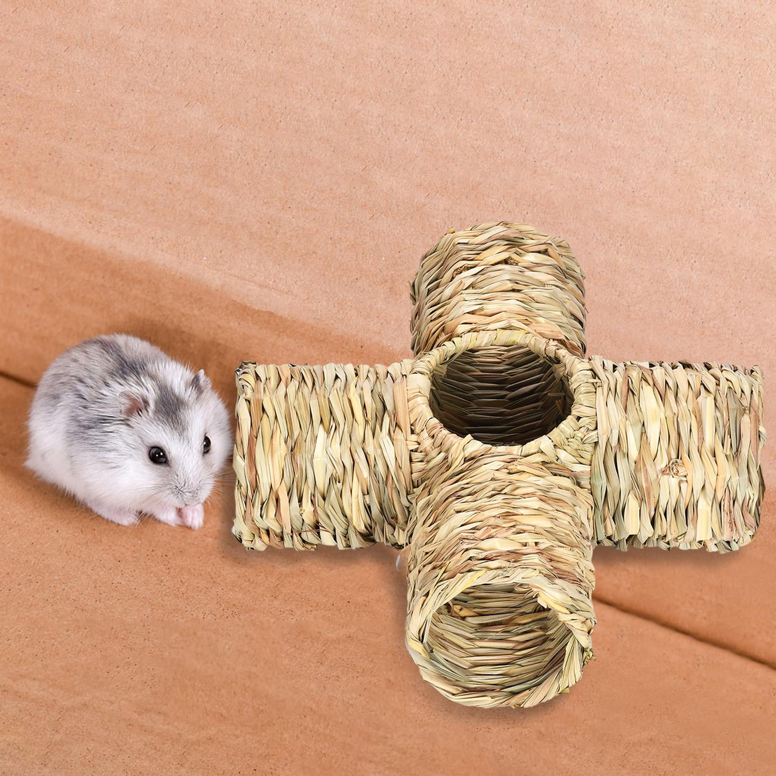 Hamster Grass Tunnel Straw House Hideaway Nest Bunny Toy Lightweight Interactive Toy Rabbit Tunnel Tube for Mice Chinchilla Gerbils Squirrel Four Ports