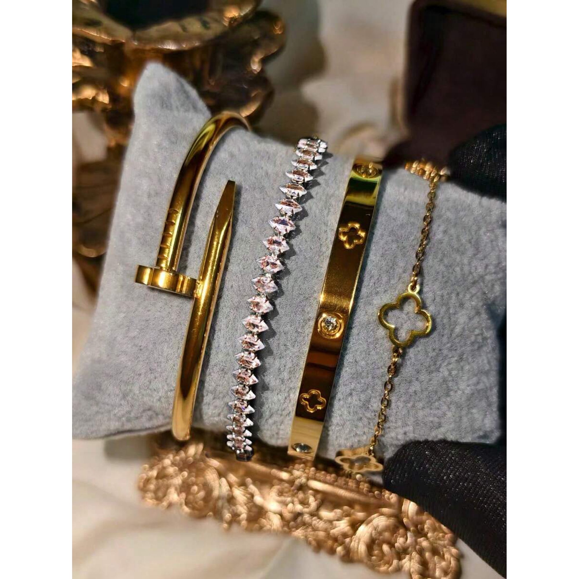 4-Piece Gold-Tone Stainless Steel Rhinestone Nail & Clover Bangle Set