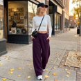 thumbnail image 5 of Sorvello Womens Solid High Rise Wide Leg Lounge Pants Elastic Pull On Waist Side Pockets Full Length Casual Sweatpants Dark Purple M, 5 of 5