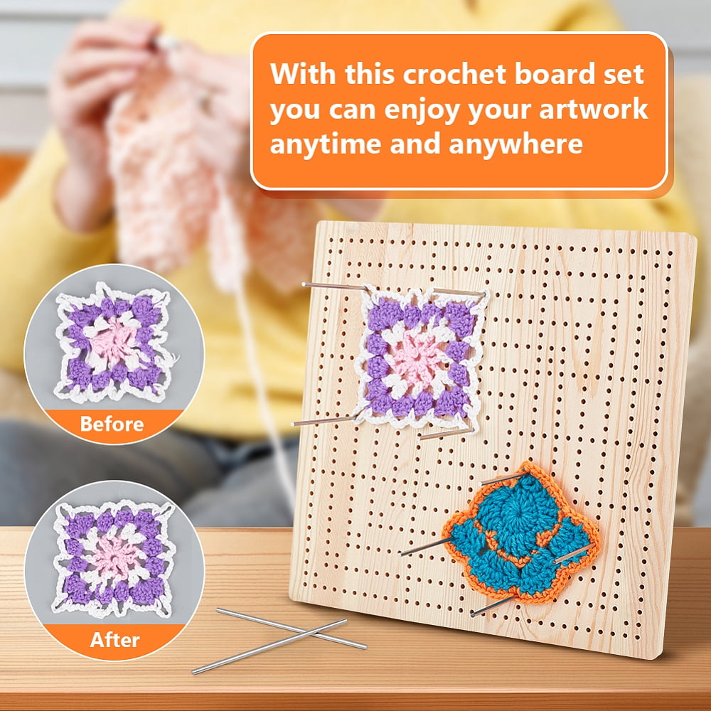 1set 13x11.8inch Crochet Blocking Board Square Wooden Blocking Mat with 24pcs 3.9" & 6pcs 5.9" Stainless Steel Rods for Handcrafted Knitting and Crocheting Sewing Gift