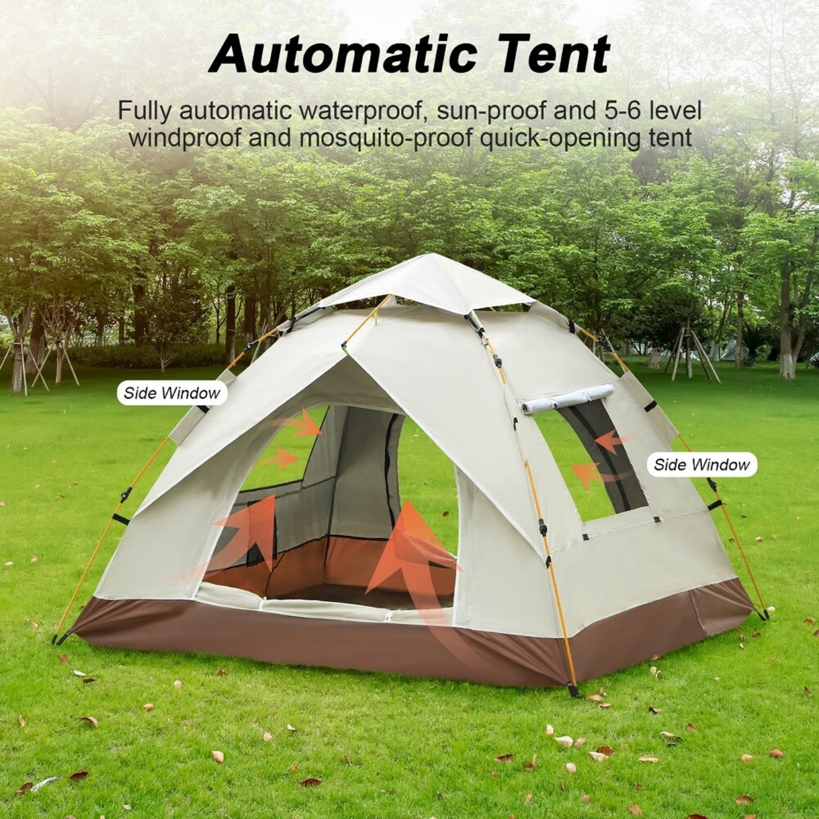 Camping Tent 3 Person Automatic Pop Up Tent, Waterproof Windproof, Easy Setup in 60s, with Rainfly, Carry Bag & Ground Nails, Portable Dome Tent for Family Camping Hiking Traveling
