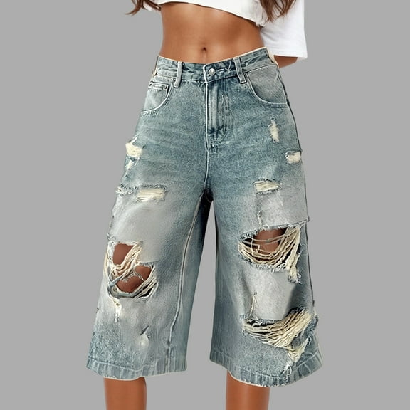 GBSYEWXS Women Denim Shorts Elegant Ripped Wide-Leg Relaxed Comfort Waist Blue Jeans Shorts