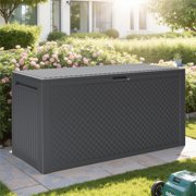 Seizeen 90GAL Outdoor Storage Box on clearance, Resin Deck Box Maze Pattern, Patio Toy Storage Furniture for Garden, MAX 485LBS Weight Storag Bench Table for Porch, Gray