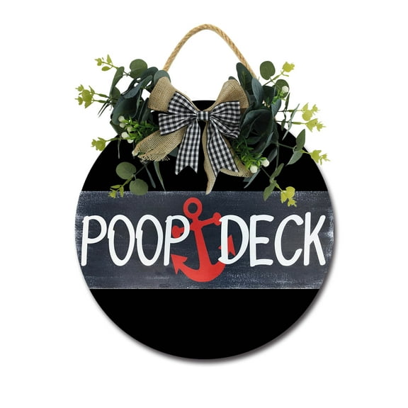 Poop Deck Front Door Sign Funny Wreaths Hanging Wooden Plaque Decoration Round Rustic Wood Farmhouse Porch Decor for Home Front Door Decor, 11 x 11 Inch