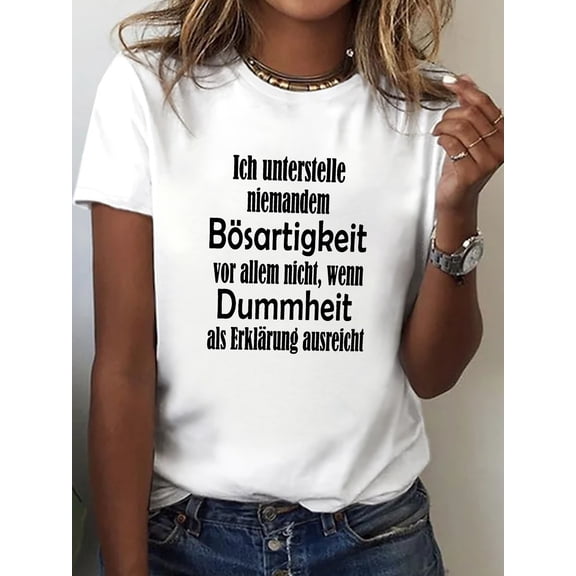 Casual Short-Sleeve Crew Neck T-Shirt with a Fun German Print, Perfect for Spring And Summer, Designed for Women