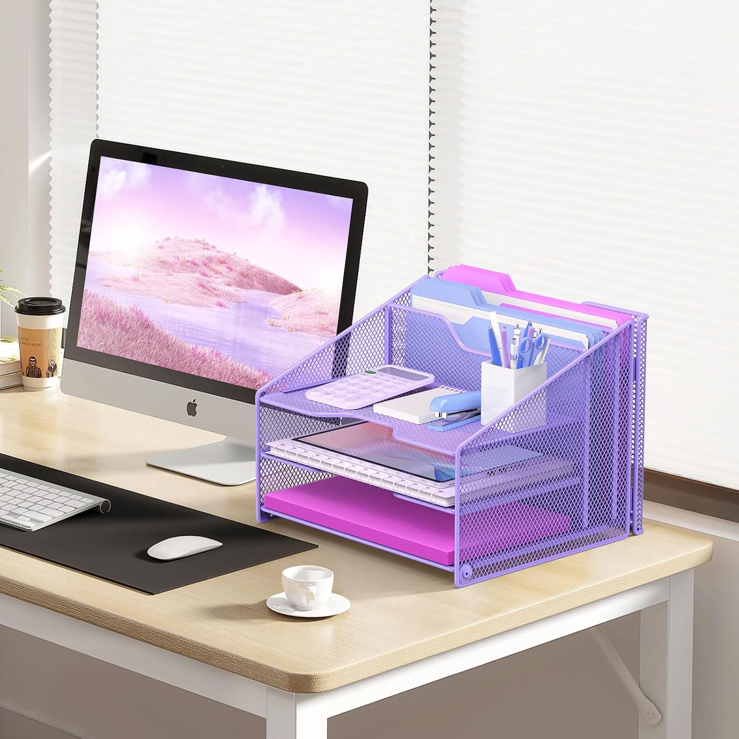 Purple Desk File Organizer, Mesh Letter File Folder Holder with 3 Paper Trays and 2 Vertical Upright Section, for Office Supplies, Desk Accessories & Workspace, Purple