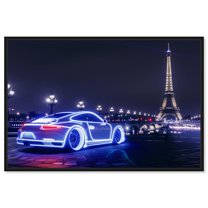 Bright Neon Car Paris Canvas Neon Art Prints by Art Remedy, Black Frame, 45" x 30"