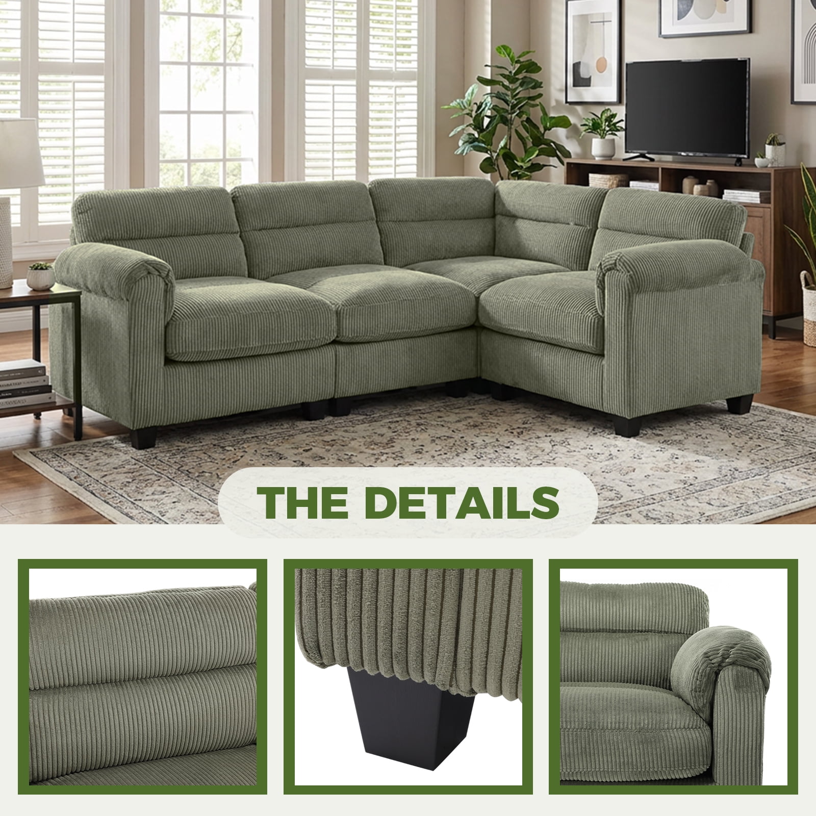 Bonzy Home Modular Sectional Sofa, L‑Shaped Couch, Ultra‑Comfort Seating – Configurable for Living Room & Family Room; Green