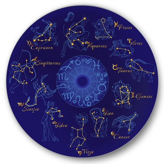 Designart 'Zodiac Signs and Zodiac With Constellations' Modern Circle Metal Wall Art 36x36 - Disc of 36