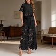 thumbnail image 2 of Summer Solid Color Short Sleeve Turn Down Collar Lapel Hollow Out Lace Vest and Wide Leg Pants Two Piece Outfit for Women Black L, 2 of 5