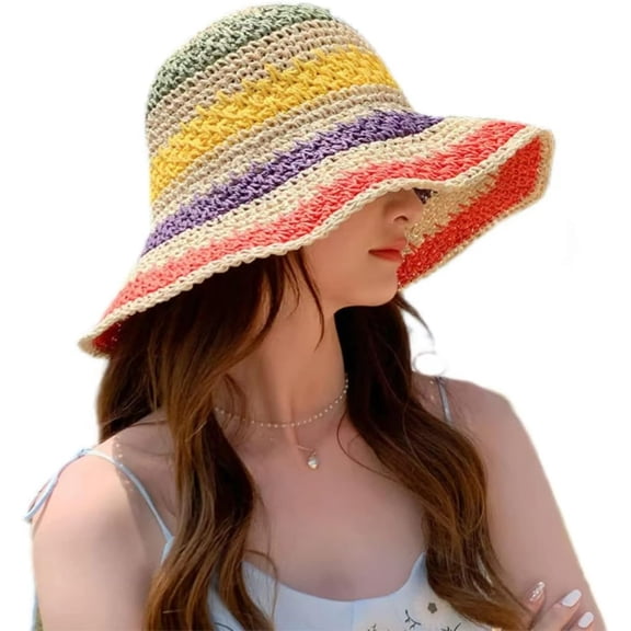 YooGuoGuo Women Straw Sun Hat Hand Woven Y2K Aesthetic Bucket Hat Striped Fishing Hat Beach Hat Foldable Cap Chic Summer Accessories