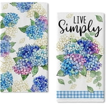 Spring Summer Floral Flower Kitchen Dish Towels Set of 2, Hydrangea Live Simply Hand Towels Drying Baking Cooking Cloth, Blue Plaid Check Farmhouse Seasonal Home Kitchen Decor 18x26 Inch
