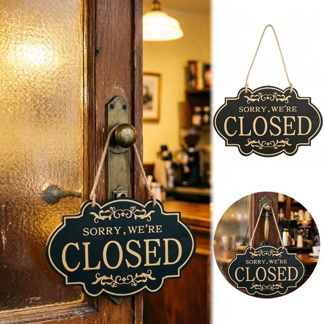 Tong Double Open Closed Sign For Bar And Wooden Business Hours Plaque