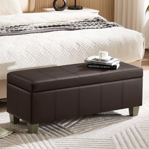 Alpinel 41" Faux Leather Storage Ottoman, Stitch Tufted Rectangle Upholstered End of Bed Storage Bench, Entryway Large Couch Ottoman with Wooden Legs,Brown